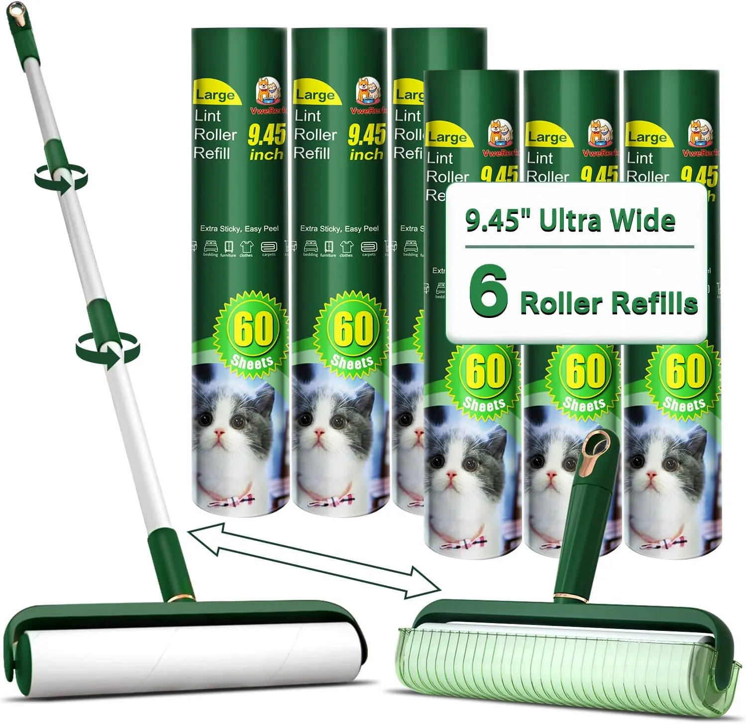 Large Lint Rollers for Pet Hair, Floor Lint Roller with 9.45 in Giant Lint Roller Refill 360 Sheets Total, Extendable Handle Sticky Rollers for Floor, Carpet, Furniture, Clothing & Couch (Green)