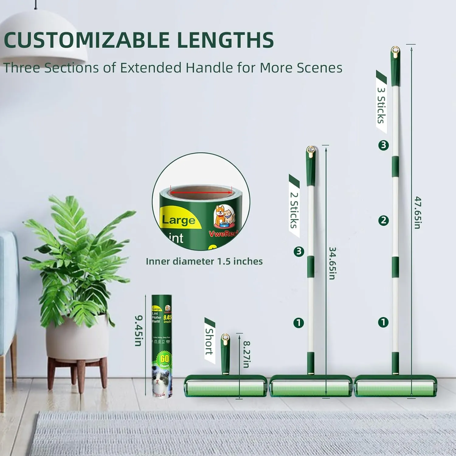 Large Lint Rollers for Pet Hair, Floor Lint Roller with 9.45 in Giant Lint Roller Refill 360 Sheets Total, Extendable Handle Sticky Rollers for Floor, Carpet, Furniture, Clothing & Couch (Green)