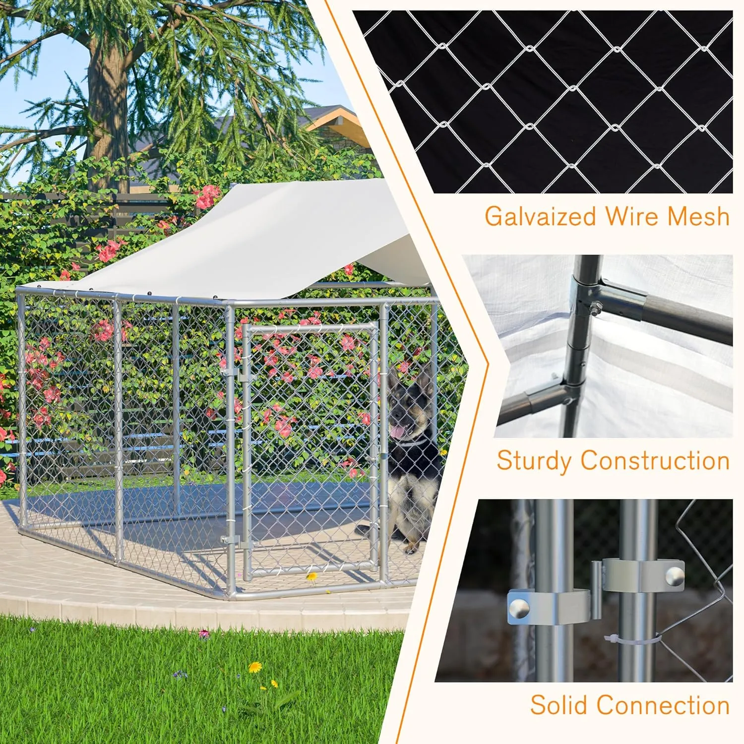 Large Outdoor Dog Kennel, Heavy Duty Galvanized Steel Dog Enclosure, Chicken Coop with Waterproof UV-Resistant Cover, Lockable Door Chain Link for Small & Large Pets, Backyard (90" L x 90" W x 65" H)