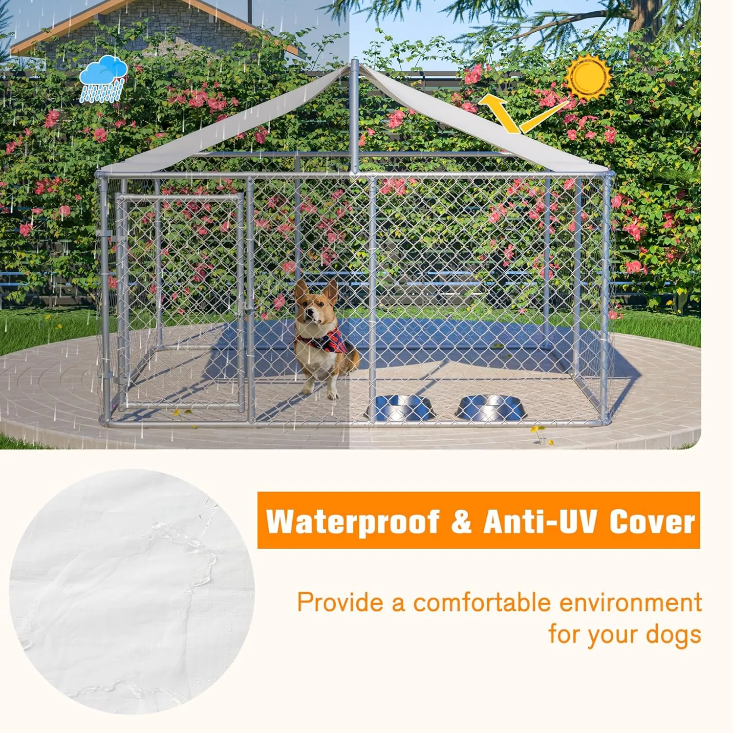 Large Outdoor Dog Kennel, Heavy Duty Galvanized Steel Dog Enclosure, Chicken Coop with Waterproof UV-Resistant Cover, Lockable Door Chain Link for Small & Large Pets, Backyard (90" L x 90" W x 65" H)
