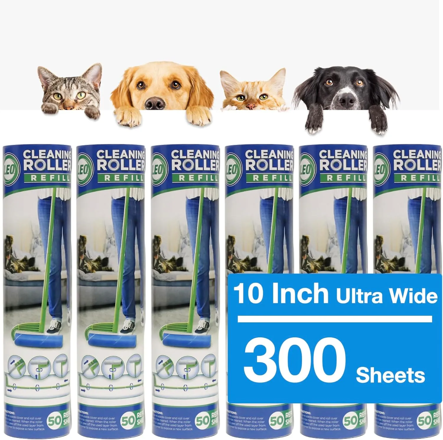 Leo MegaClean 10-Inch Wide Lint Roller Refills 6 Rolls 300 Ultra-Wide Sheets for Lint Removers Household Cleaning Easily Remove Pet Hair Dust and Debris from Floors Carpets and Furniture