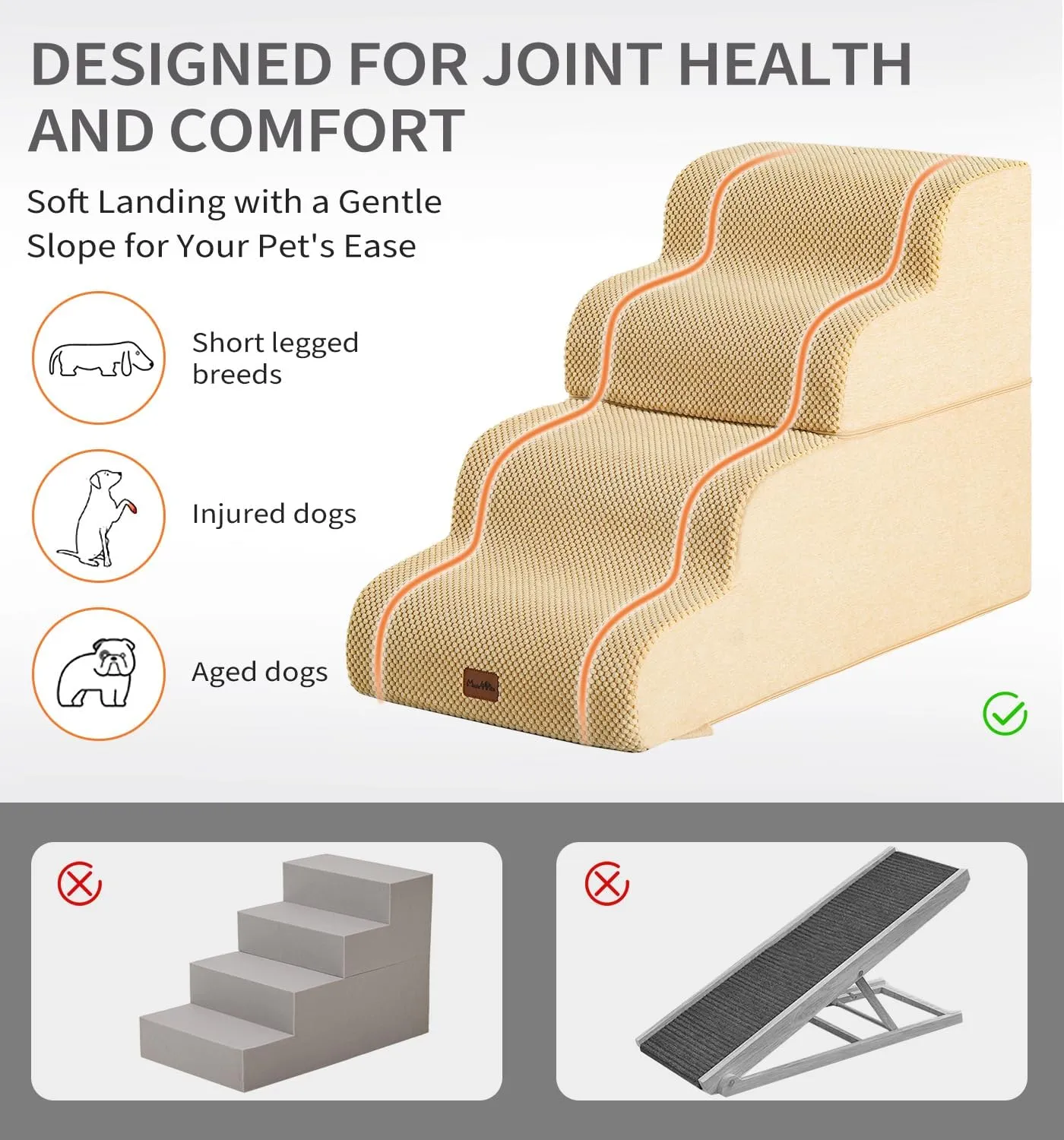 Made4Pets Dog Stairs Ramp for Bed, 4-Step Dog Steps for High Bed Couch Sofa Climbing, 35D Foam Pet Steps for Small Dogs and Cats, Non-Slip Bottom Pet Stairs, Tan