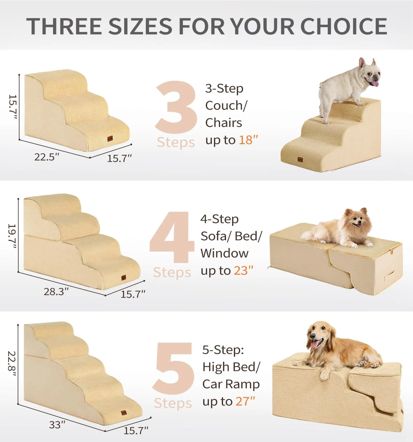 Made4Pets Dog Stairs Ramp for Bed, 4-Step Dog Steps for High Bed Couch Sofa Climbing, 35D Foam Pet Steps for Small Dogs and Cats, Non-Slip Bottom Pet Stairs, Tan