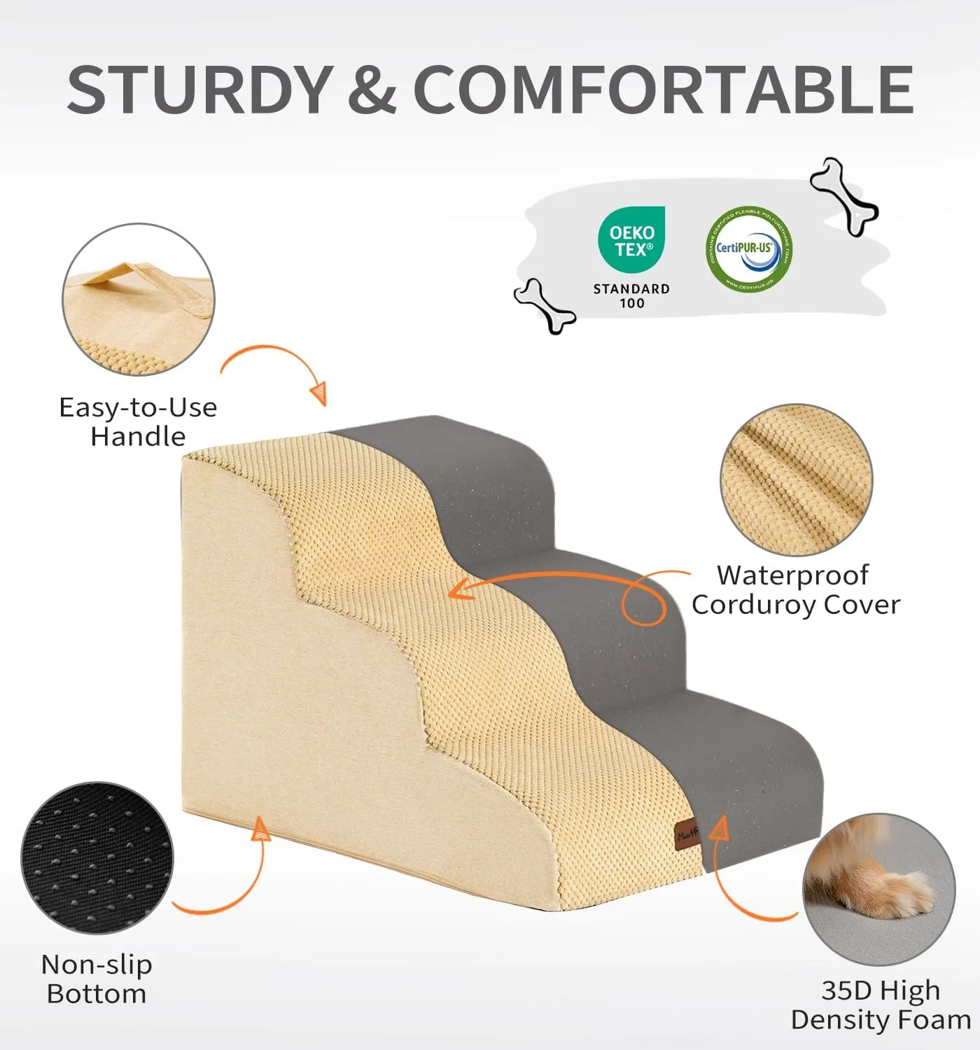Made4Pets Dog Stairs Ramp for Bed, 4-Step Dog Steps for High Bed Couch Sofa Climbing, 35D Foam Pet Steps for Small Dogs and Cats, Non-Slip Bottom Pet Stairs, Tan
