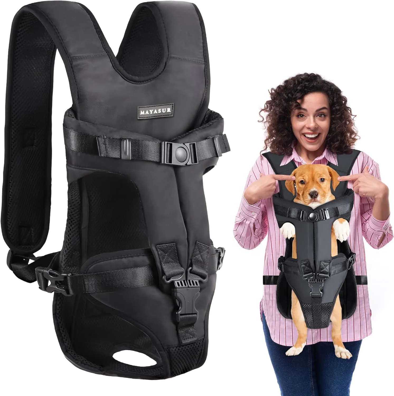 MAYASUR Pet Front Dog Carrier Backpacks, Adjustable Dog Backpack Carrier, Legs Out Easy-fit Dog Chest Carrier for Small to X Large Dogs, Dog Front Carrier for Hiking, Cycling (Black, Medium)