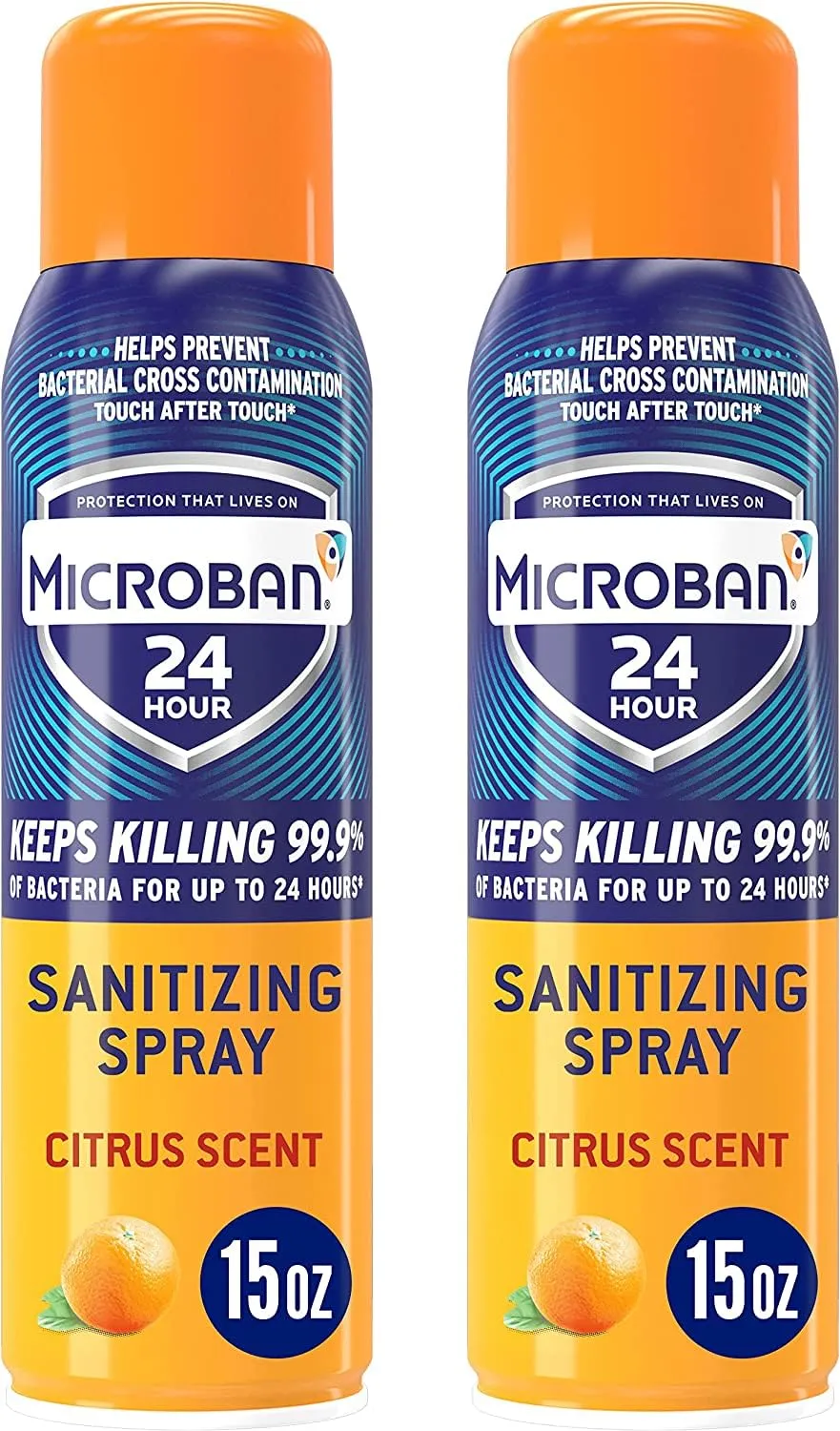 MICROBAN Disinfectant Spray, 24 Hour Sanitizing and Antibacterial Sanitizing Spray, Citrus Scent, 2 Count (15oz Each) (Packaging May Vary)