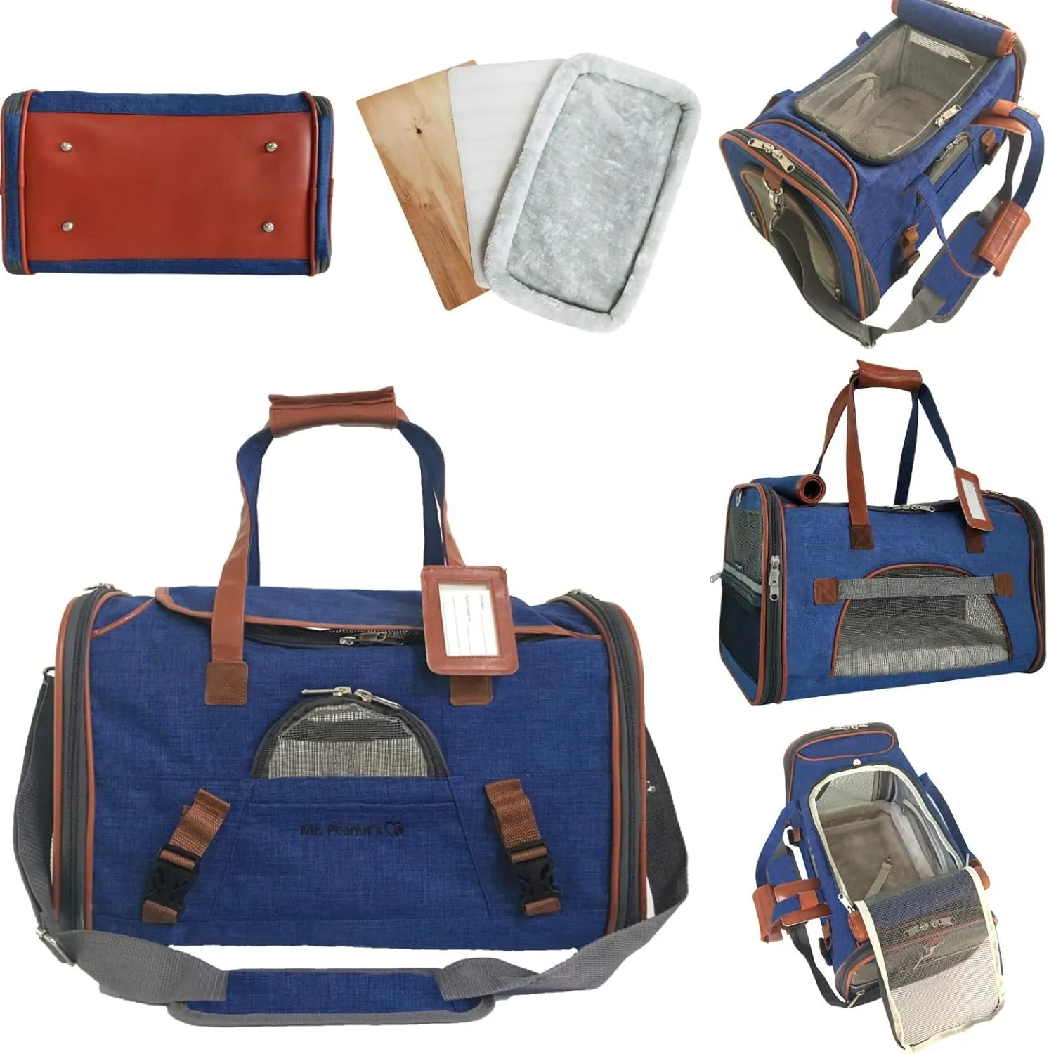 Mr. Peanut's Airline Approved Soft Sided Pet Carrier, Low Profile Gold Series Tote, Premium Brand Self Locking Zippers, Under Seat Compatibility, Plush Faux Fleece Bedding with a Sturdy Plywood Base