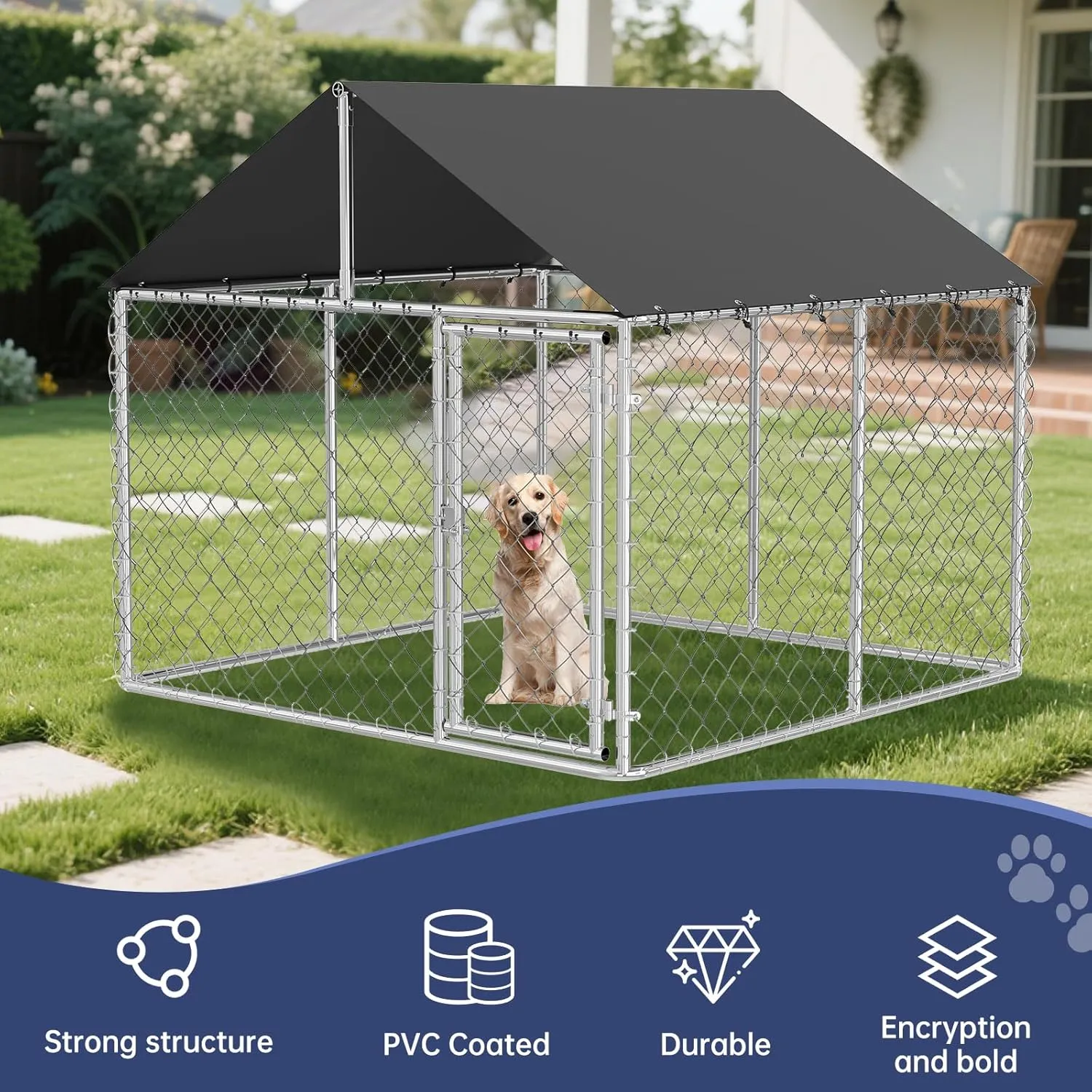 Petonly Outdoor Dog Enclosure Heavy Duty Dog Kennel House Mesh Dog Big Cage Pet Kennel Steel Fence with Secure Lock (79x 79)