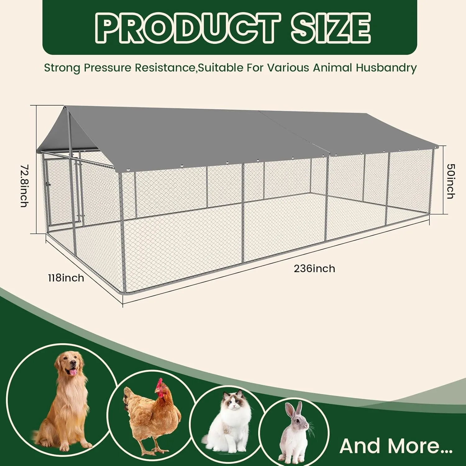 Petonly Outdoor Dog Enclosure Heavy Duty Dog Kennel House Mesh Dog Big Cage Pet Kennel Steel Fence with Secure Lock(236x 118)
