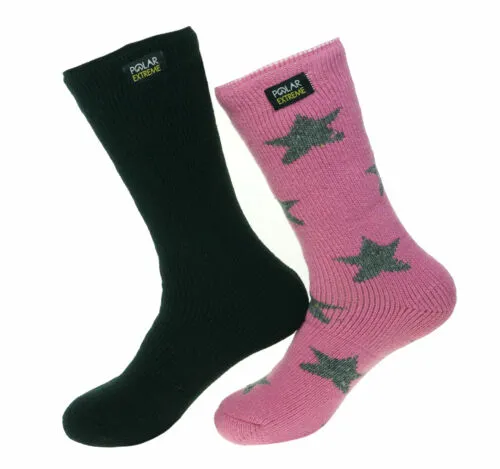 Polar Extreme Womens 2 Pair Thermal Insulated Fleece Crew Socks Black Pink Stars