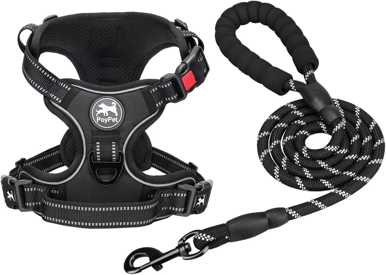PoyPet Dog Harness and Leash Combo, Escape Proof No Pull Vest Harness, with 5 Feet Leash, Reflective Adjustable Soft Padded Pet Harness with Handle for Small to Large Dogs(Black,S)