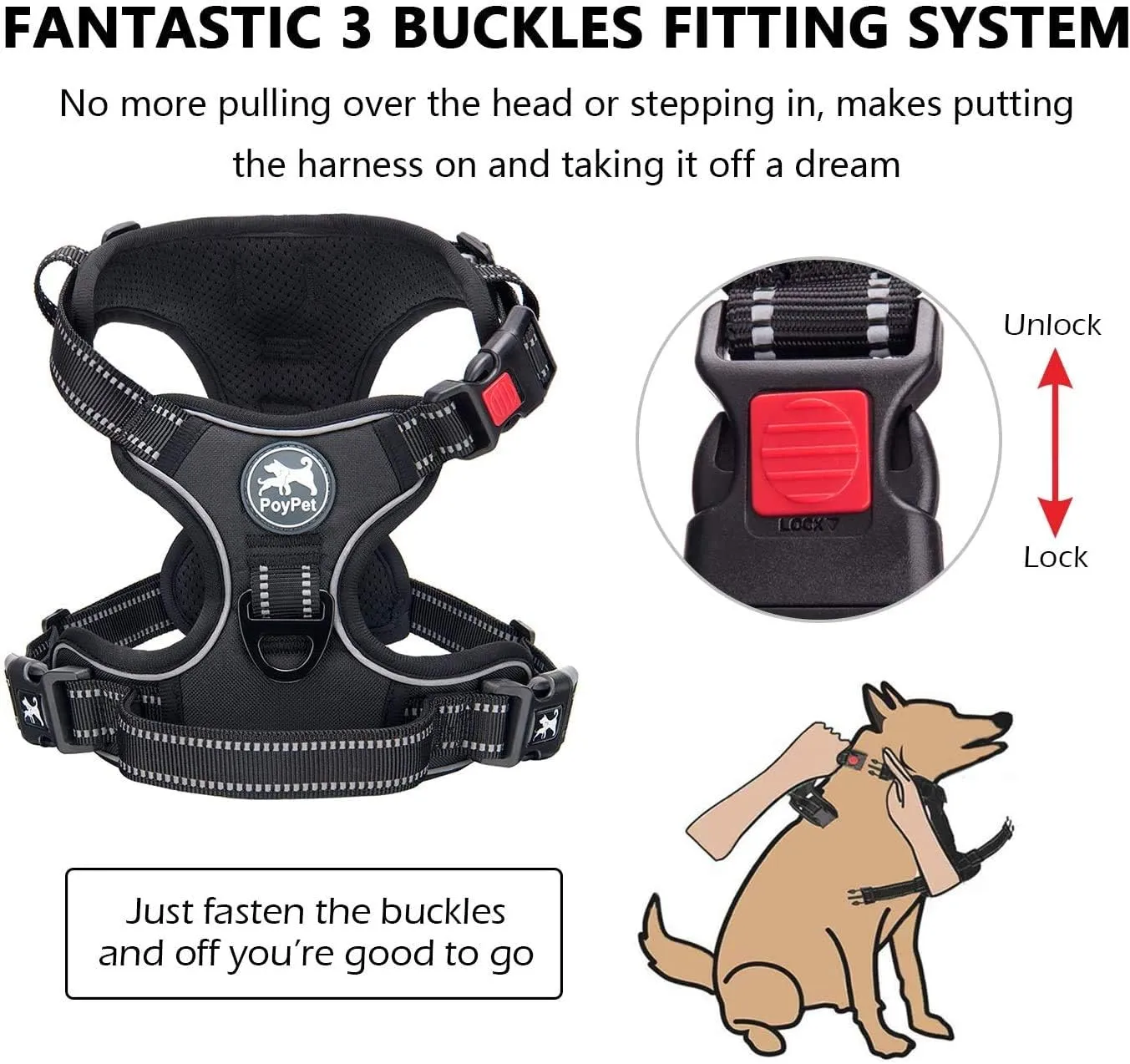 PoyPet Dog Harness and Leash Combo, Escape Proof No Pull Vest Harness, with 5 Feet Leash, Reflective Adjustable Soft Padded Pet Harness with Handle for Small to Large Dogs(Black,S)