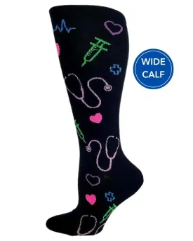 Pro-Motion Women's Wide Calf Compression Socks | Black Medical Symbols