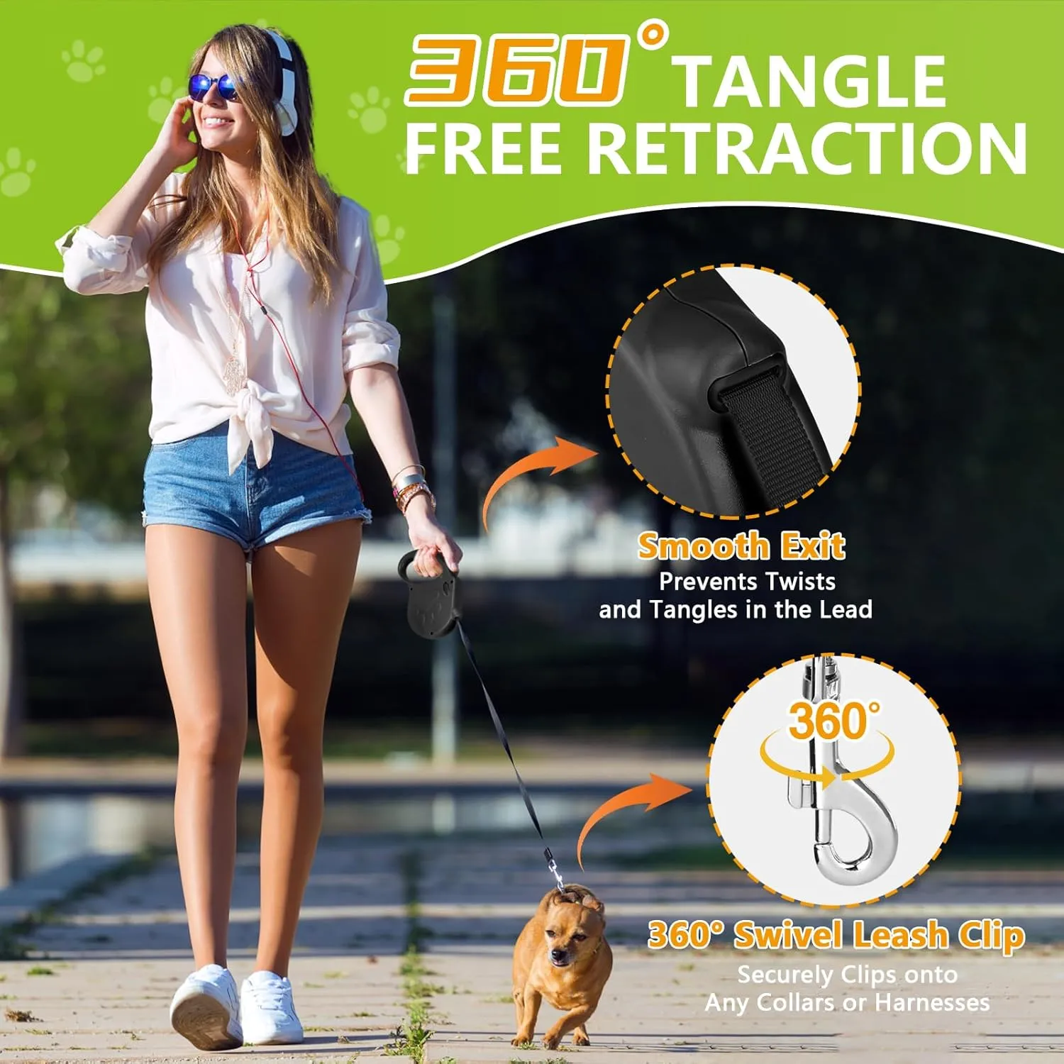 Retractable Dog Leash, 16ft Dog Walking Leash for Small Dogs up to 77lbs, Non-Slip Handle - Black