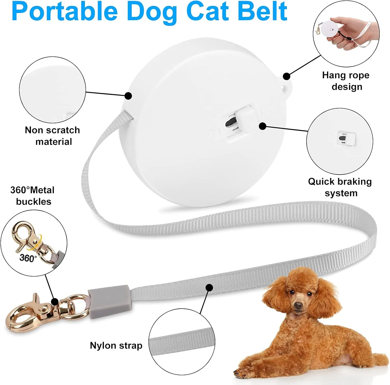 Retractable Dog Leash for Small Dogs Cats up to 11lbs with 6.5ft Anti-Pull Strong Nylon Tape, Hands Free, Mini and Portable Walking Leash with Wrist Strap, One-Hand Brake, White Round