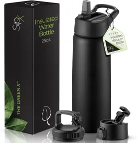 SipX Triple-Insulated Stainless Steel Water Bottle 25oz. With 3 Lids, BPA-Free Reusable Insulated Water Bottle Keeps Cold 24 Hours, Metal Water Bottle Made Of Sustainable Material For Hiking & Biking