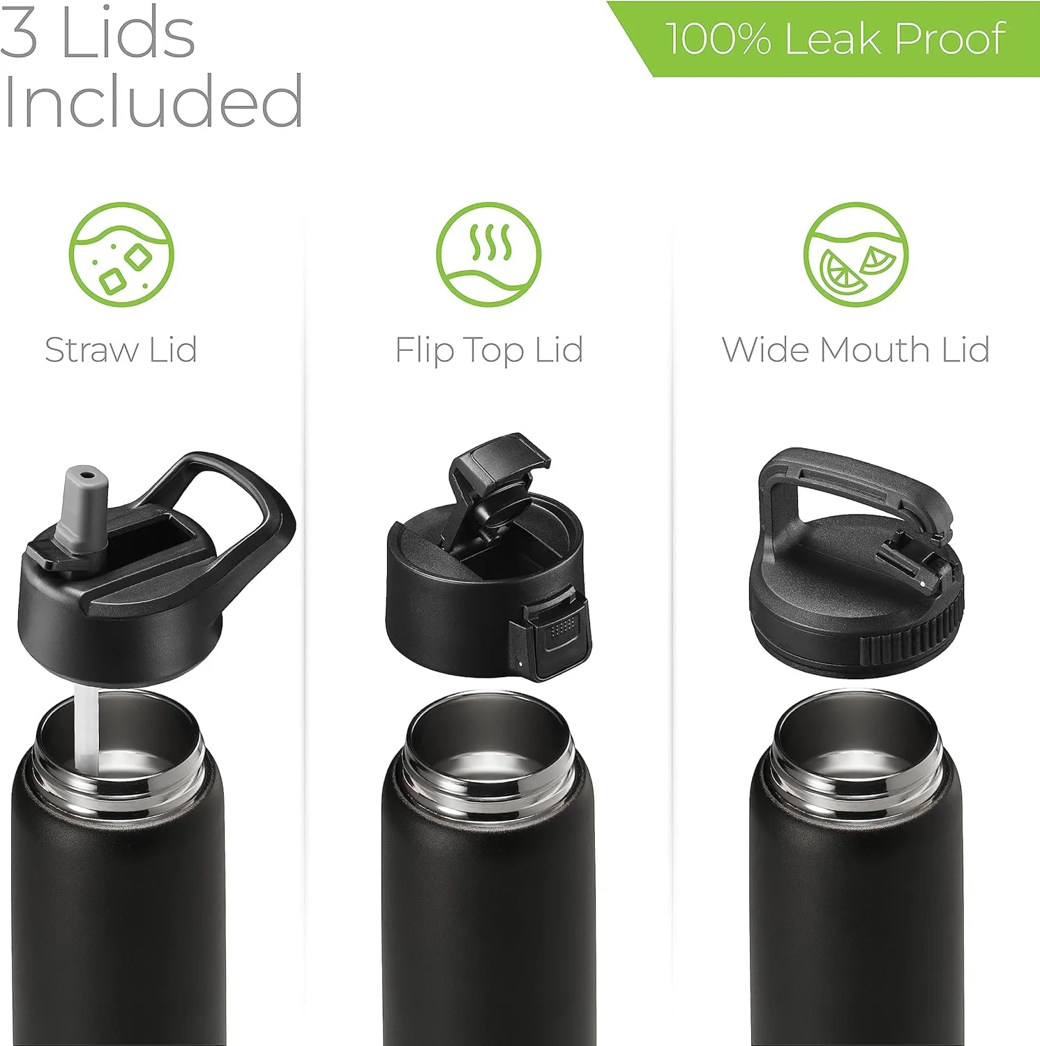 SipX Triple-Insulated Stainless Steel Water Bottle 25oz. With 3 Lids, BPA-Free Reusable Insulated Water Bottle Keeps Cold 24 Hours, Metal Water Bottle Made Of Sustainable Material For Hiking & Biking