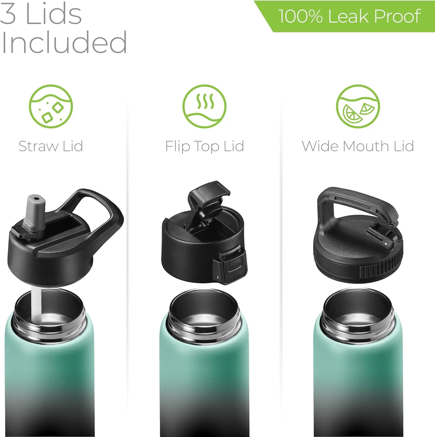 SipX Triple-Insulated Stainless Steel Water Bottle 25oz. With 3 Lids, BPA-Free Reusable Insulated Water Bottle Keeps Cold 24 Hours, Metal Water Bottle Made Of Sustainable Material For Hiking & Biking