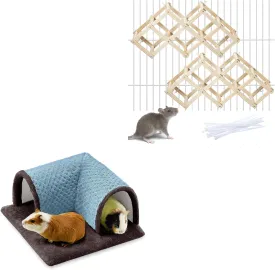 Small Pet Activity Set - Wooden Rat Climbing Ladder and Guinea Pig Fleece Tunnel for Mice Hamsters Chinchillas Cage Accessories Blue