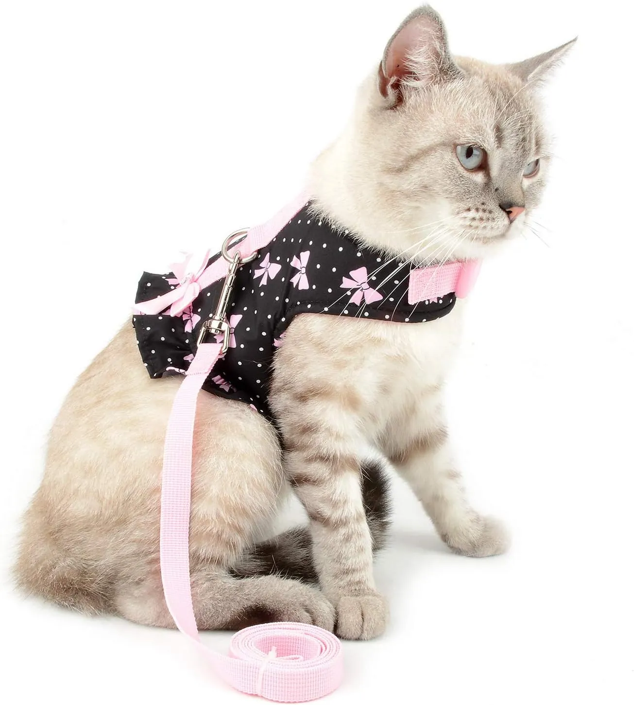 SMALLLEE_LUCKY_STORE Bows Dots Print Cat and Small Dog Harness Dress with Leash for Girls Adjustable No Pull Escape Proof Soft Walking Jacket Waterproof Puppies Kitten Harness Vest Outdoor,Black XS