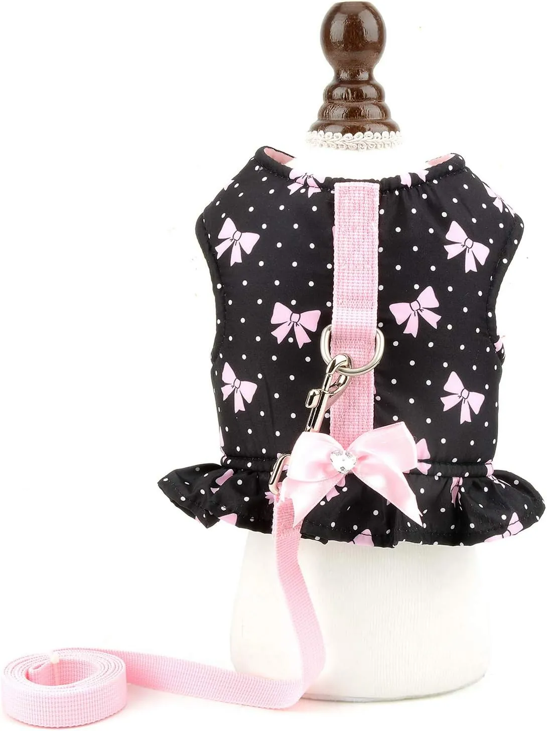 SMALLLEE_LUCKY_STORE Bows Dots Print Cat and Small Dog Harness Dress with Leash for Girls Adjustable No Pull Escape Proof Soft Walking Jacket Waterproof Puppies Kitten Harness Vest Outdoor,Black XS