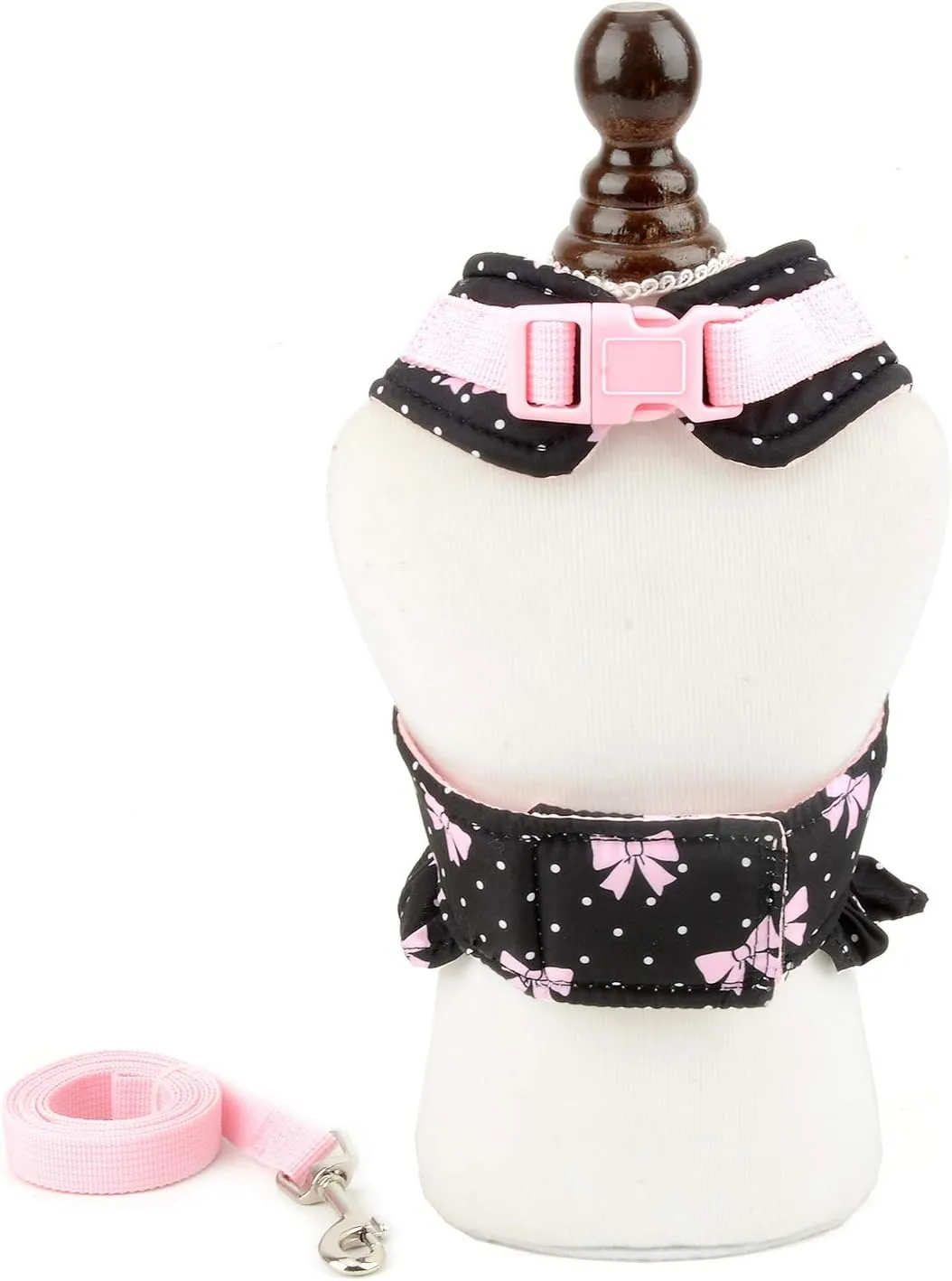 SMALLLEE_LUCKY_STORE Bows Dots Print Cat and Small Dog Harness Dress with Leash for Girls Adjustable No Pull Escape Proof Soft Walking Jacket Waterproof Puppies Kitten Harness Vest Outdoor,Black XS