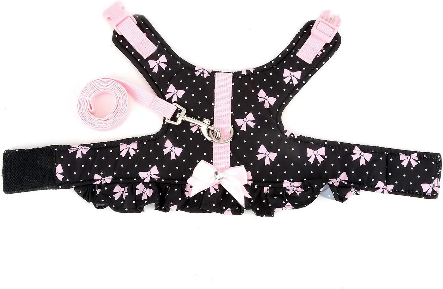 SMALLLEE_LUCKY_STORE Bows Dots Print Cat and Small Dog Harness Dress with Leash for Girls Adjustable No Pull Escape Proof Soft Walking Jacket Waterproof Puppies Kitten Harness Vest Outdoor,Black XS