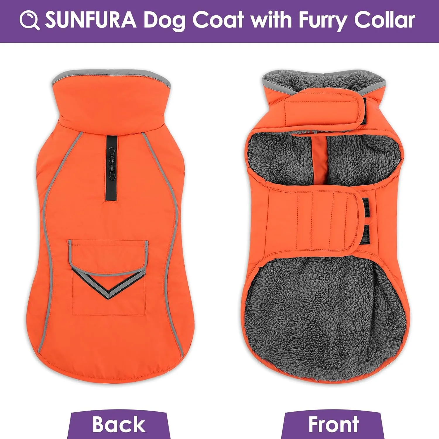 SUNFURA Winter Coat, Medium Dog Jacket with Fleece Lining for Cold Weather, Reflective Puffer Turtleneck Dog Snowsuit with Leash Hole, Orange M