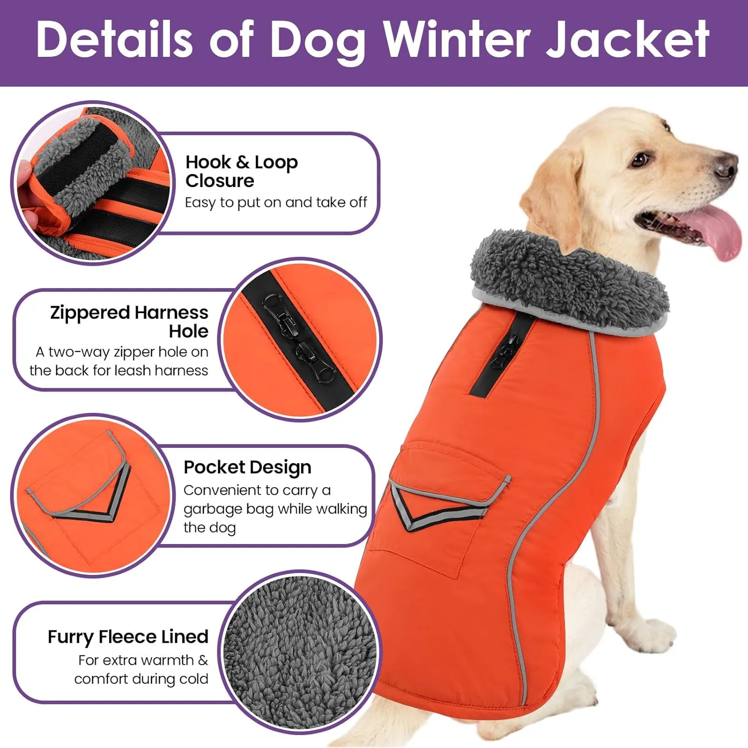 SUNFURA Winter Coat, Medium Dog Jacket with Fleece Lining for Cold Weather, Reflective Puffer Turtleneck Dog Snowsuit with Leash Hole, Orange M