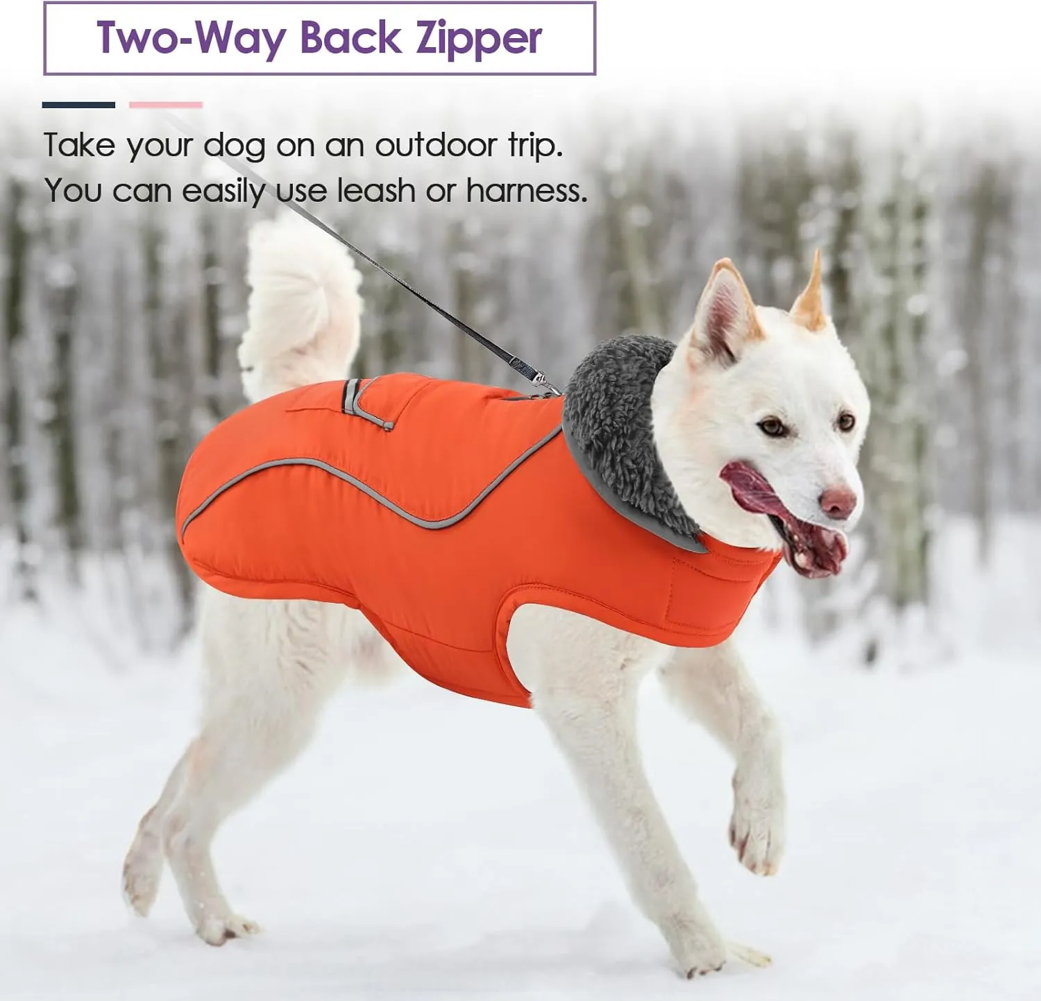 SUNFURA Winter Coat, Medium Dog Jacket with Fleece Lining for Cold Weather, Reflective Puffer Turtleneck Dog Snowsuit with Leash Hole, Orange M