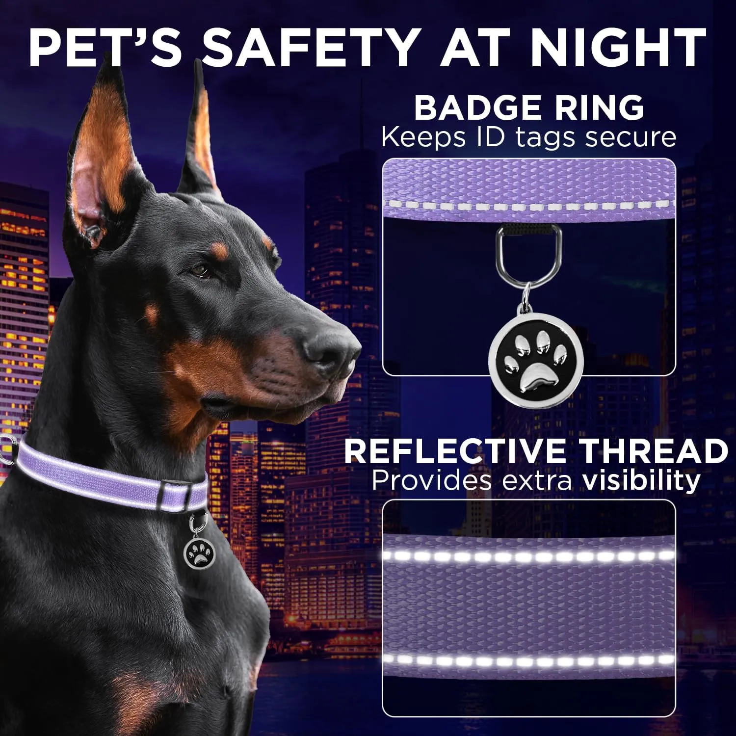 TECEUM Reflective Dog Collar  Lavender  M  Extra Soft Padding  Basic Nylon Pet Collar  Quick Release Buckle  Fits Small, Medium and Large Dogs, Puppies, Cats  ESA & Service Dog Options