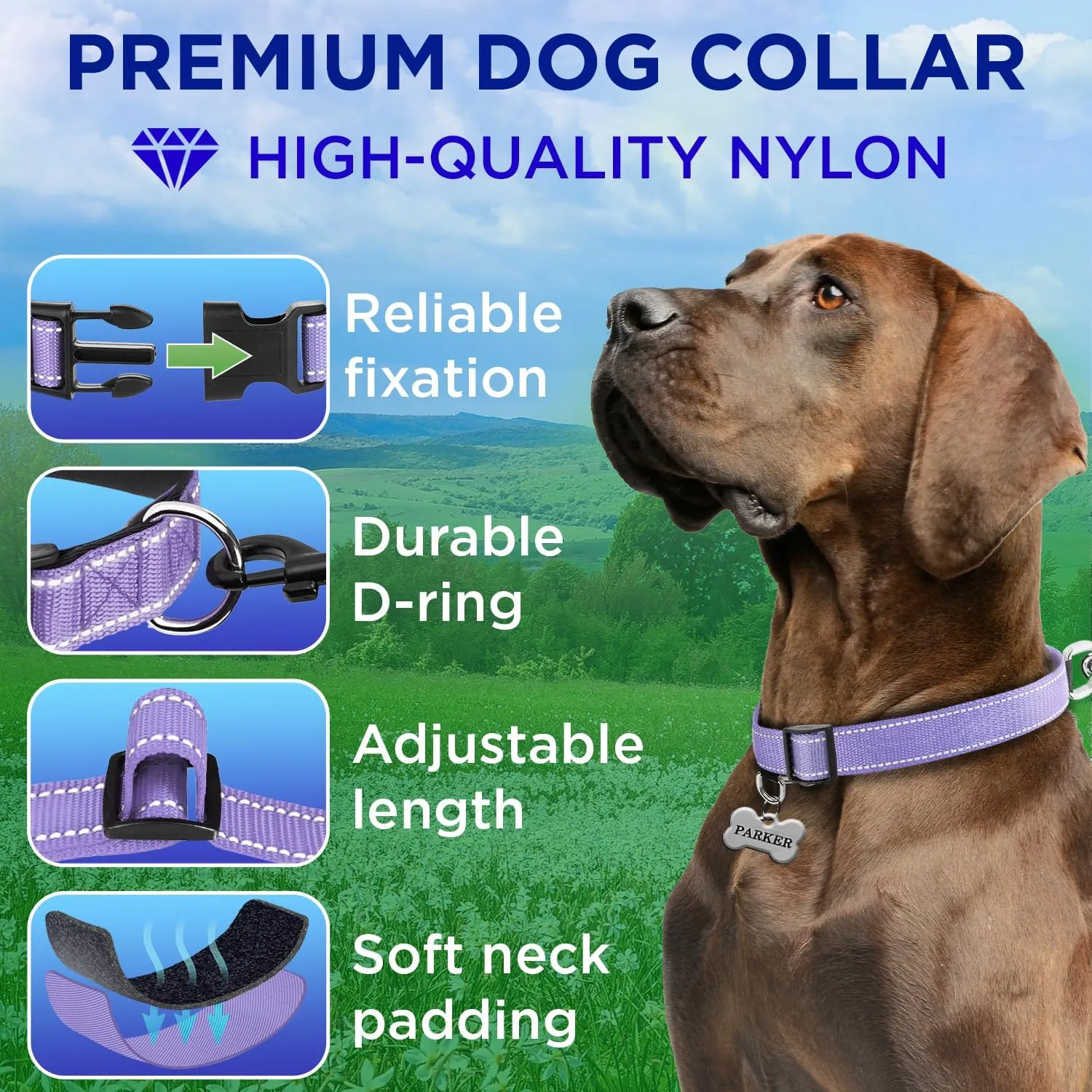 TECEUM Reflective Dog Collar  Lavender  M  Extra Soft Padding  Basic Nylon Pet Collar  Quick Release Buckle  Fits Small, Medium and Large Dogs, Puppies, Cats  ESA & Service Dog Options