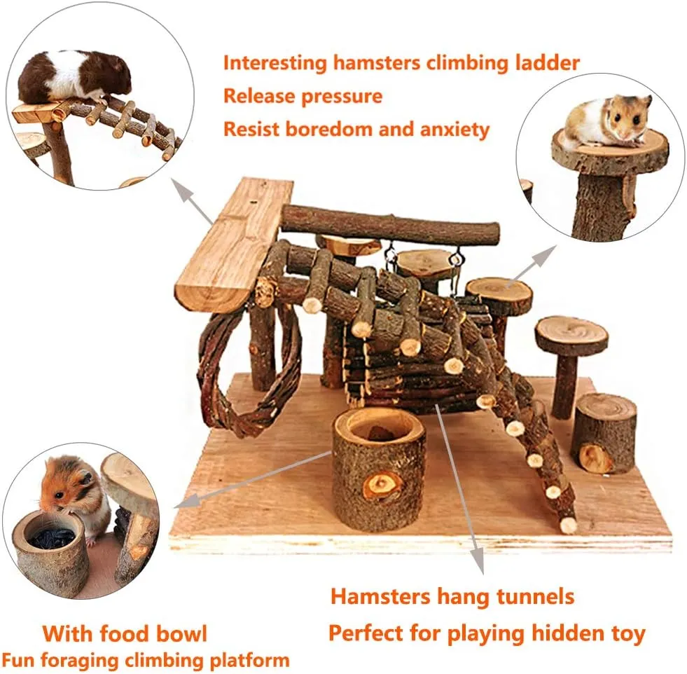 Tfwadmx Wooden Hamster Playground Platform, Small Animals Activity Set Climbing Bridge Ladder Ramps Toys for Mouse Dwarf Hamster Gerbil Chinchilla Guinea Pig Sugar Glider Syrian Hamster