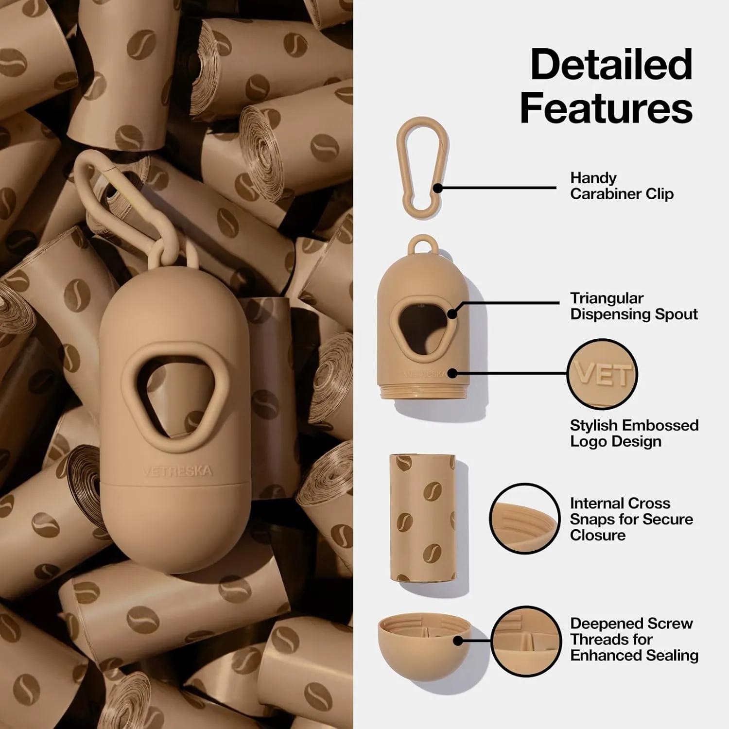 VETRESKA Dog Poop Bags Dispenser with Coffee Scented Waste Bags, Leak Proof, Extra Thick & Strong, 1 Holder and 105 Count Pet Poop Bags (7 Refill Rolls) for Dogs and Cats