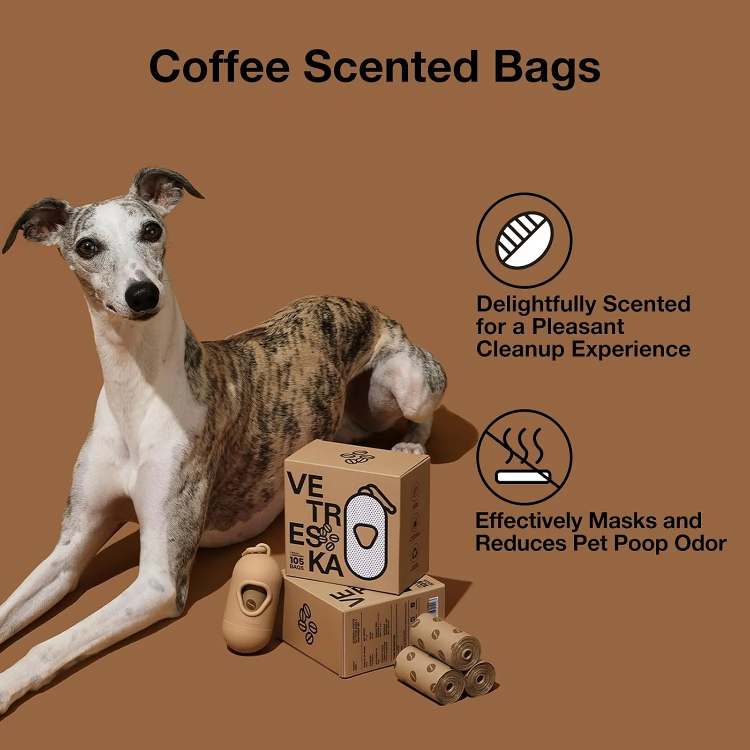 VETRESKA Dog Poop Bags Dispenser with Coffee Scented Waste Bags, Leak Proof, Extra Thick & Strong, 1 Holder and 105 Count Pet Poop Bags (7 Refill Rolls) for Dogs and Cats