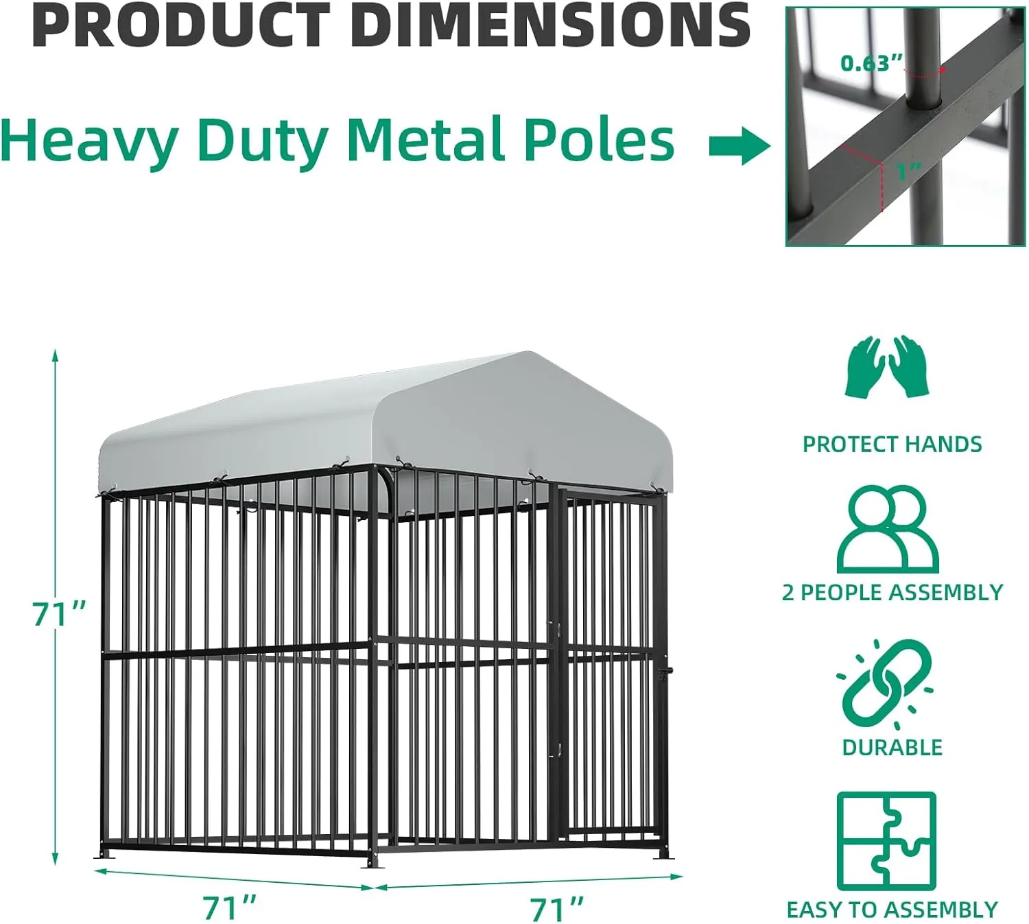 VIVIJASON 6 x 6 x 6 Ft Large Outdoor Dog Kennel, Heavy Duty Metal Frame Dog Cage with Thickened Bars, UV & Waterproof Cover, Outside Pen Playpen Dog Run House for Large to Small Dogs