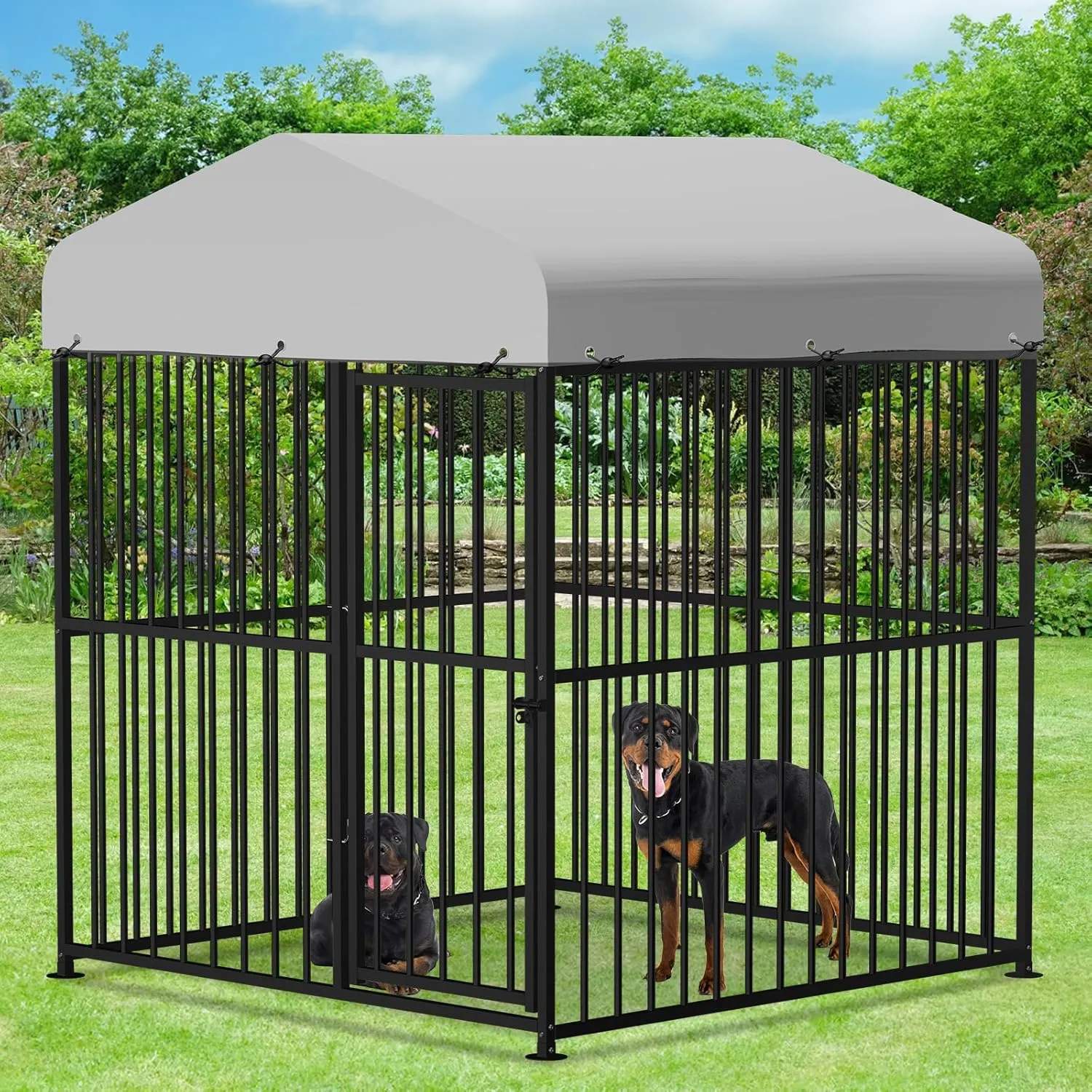 VIVIJASON 6 x 6 x 6 Ft Large Outdoor Dog Kennel, Heavy Duty Metal Frame Dog Cage with Thickened Bars, UV & Waterproof Cover, Outside Pen Playpen Dog Run House for Large to Small Dogs