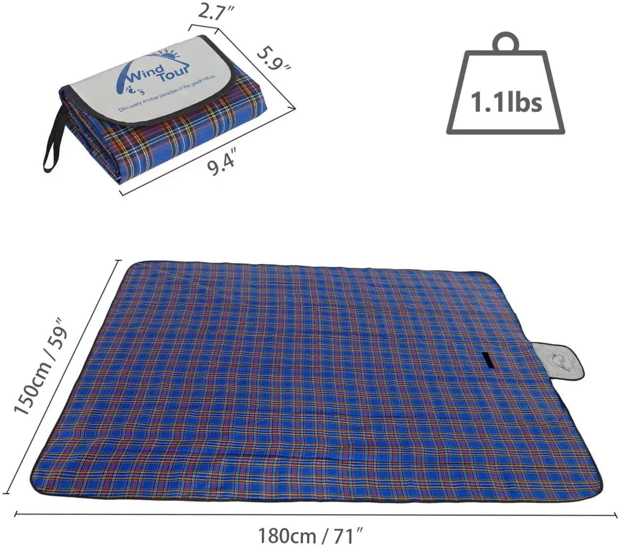 Wind Tour Family Outdoor Waterproof Durable Picnic Blankets with Carry Strap,Foldable 5070.9 inch Sandproof Picnic Floor Mat for Kids Playground Camping Park Hiking Grass Travelling (2, Blue)