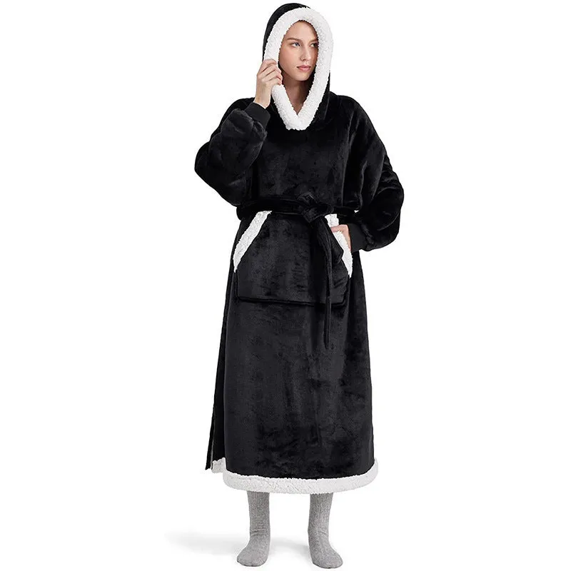 Winter Hoodie Fleece Robe With Button Design Oversized Pullover