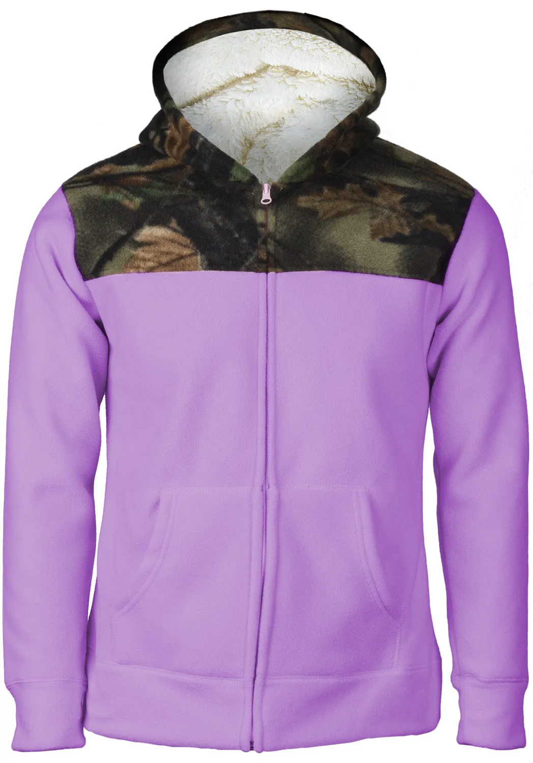 WOMEN'S CAMO ALBATES SOFT BONDED SHERPA-LINED HOODED JACKET