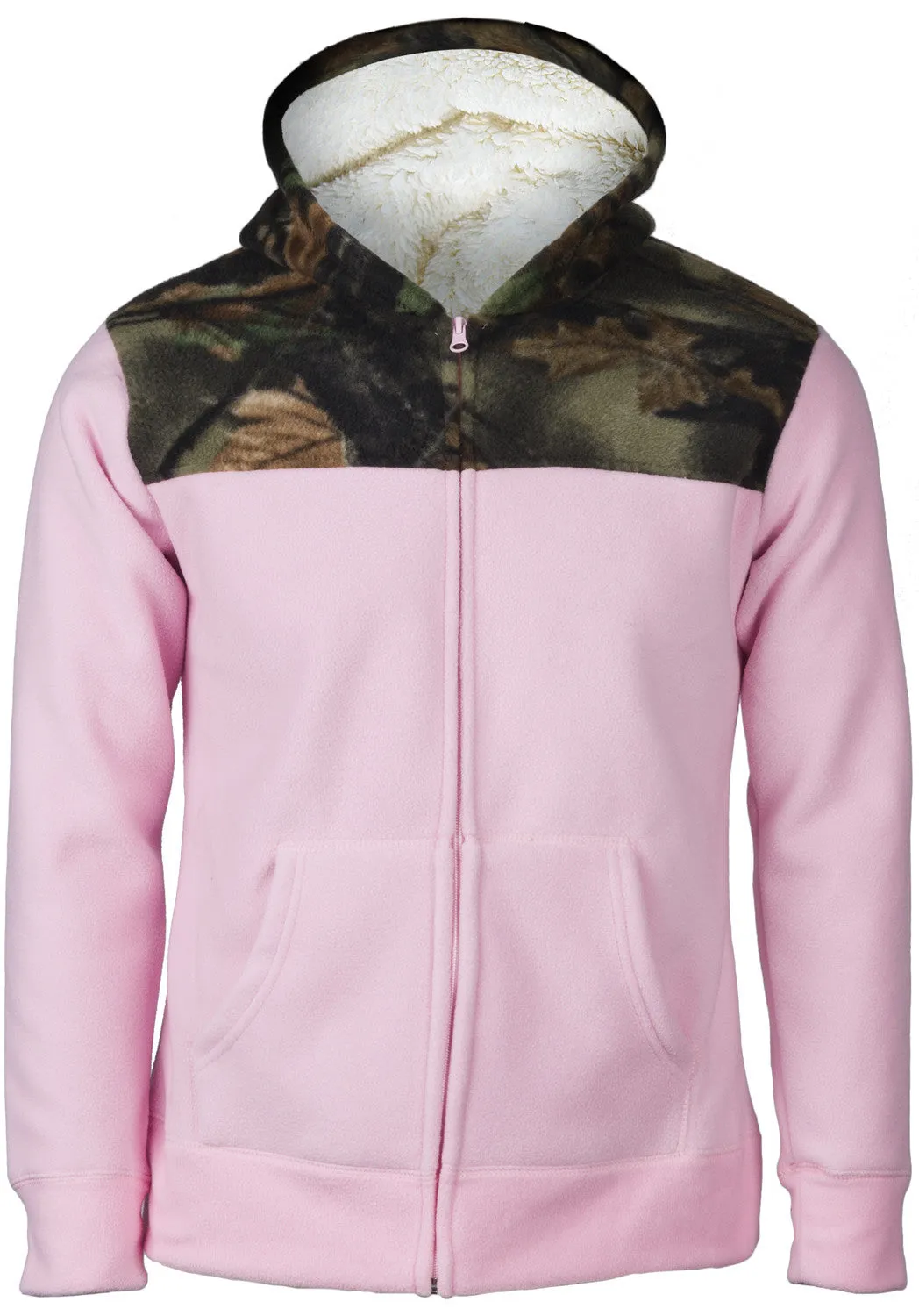 WOMEN'S CAMO ALBATES SOFT BONDED SHERPA-LINED HOODED JACKET