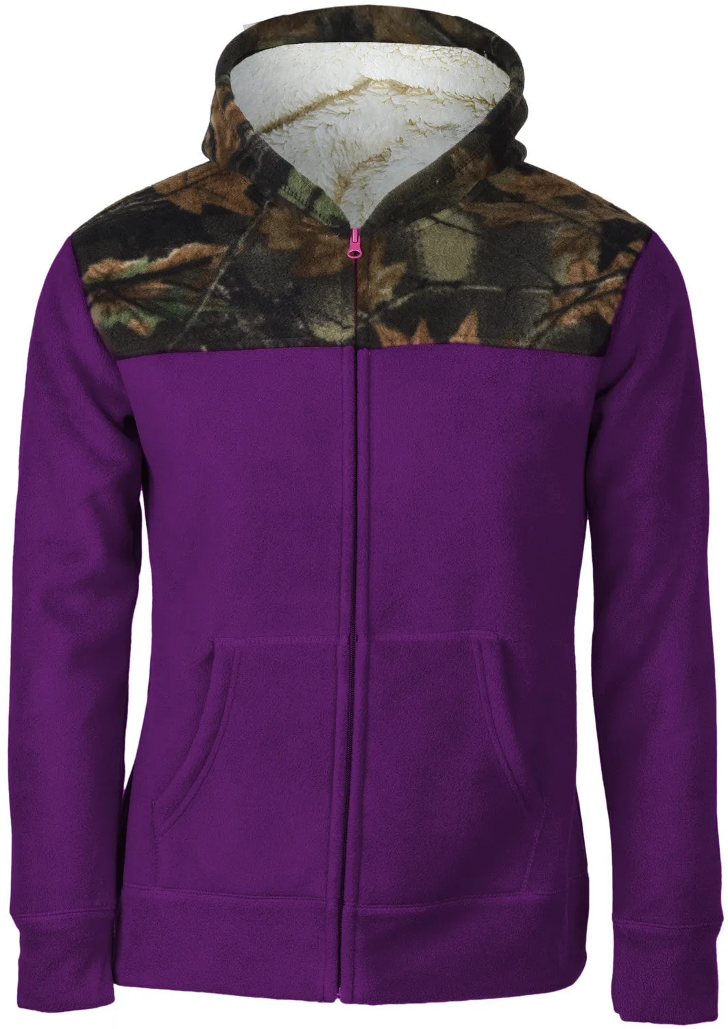 WOMEN'S CAMO ALBATES SOFT BONDED SHERPA-LINED HOODED JACKET