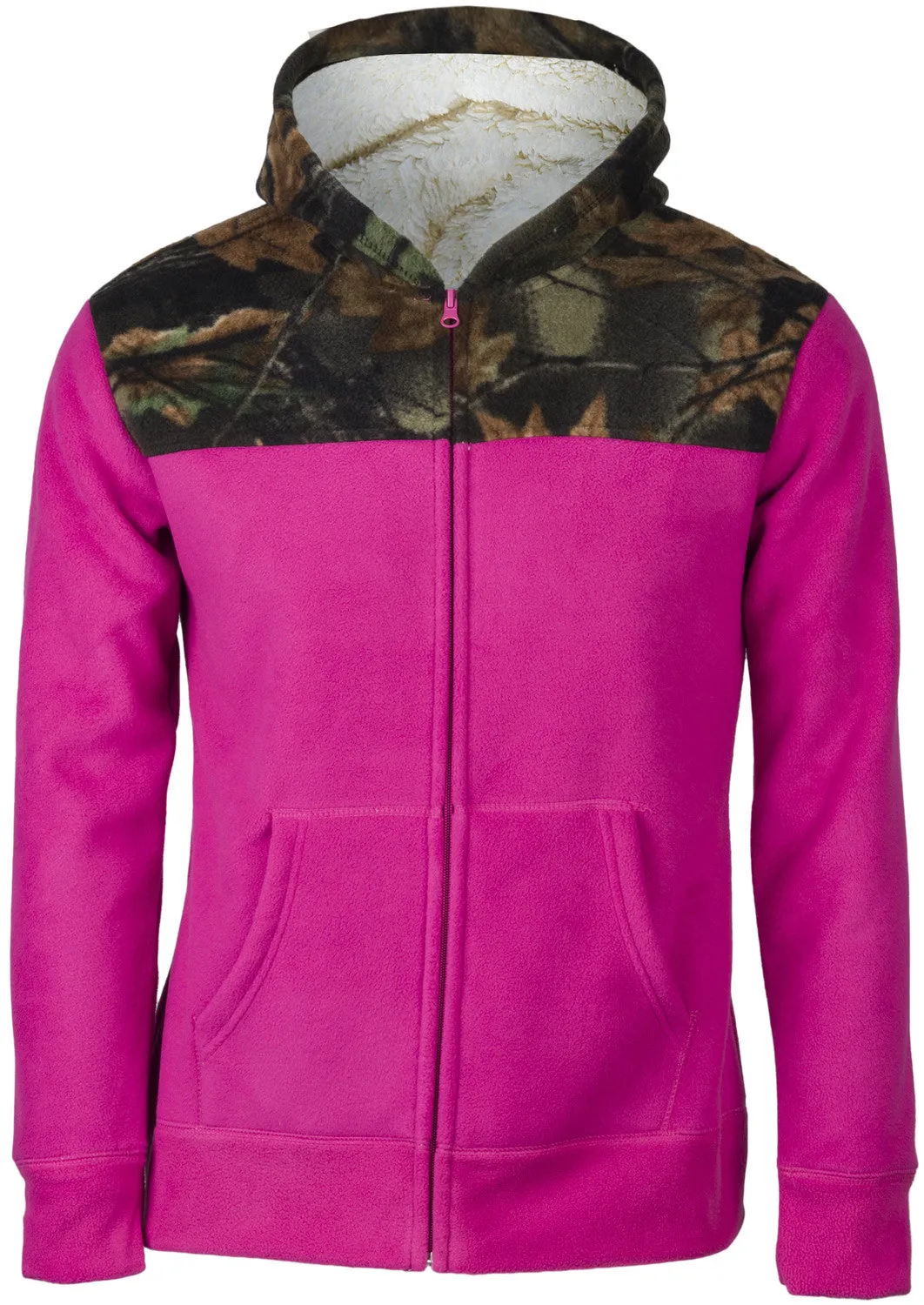 WOMEN'S CAMO ALBATES SOFT BONDED SHERPA-LINED HOODED JACKET