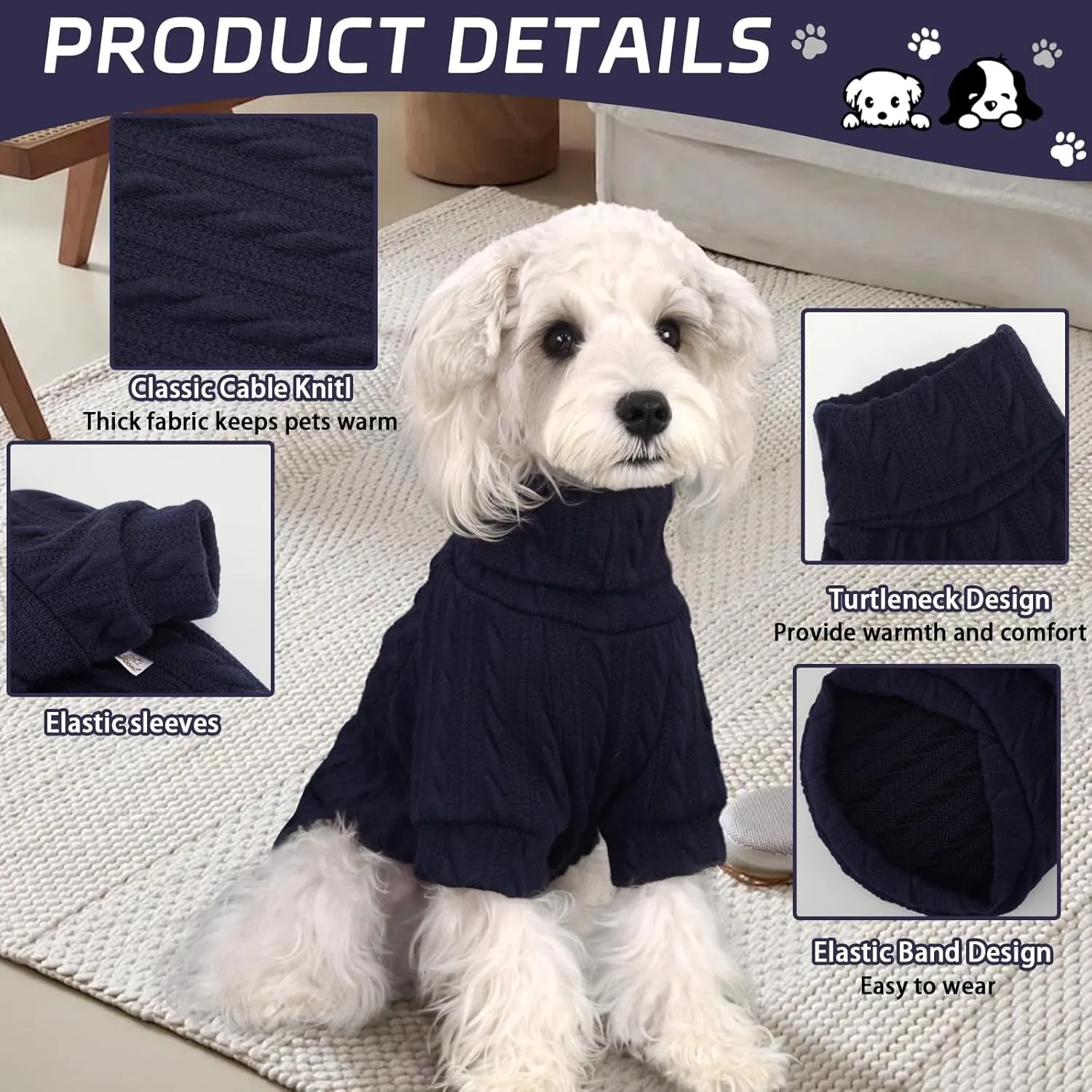 XPUDAC 2 Pack Sweater Knitted Sweatshirt Turtleneck Warm Cold Weather Clothes for Small Medium Dogs-Medium
